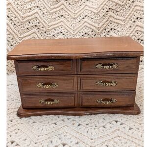 Vintage Wooden Jewelry Box Dresser Style 2 Drawer Red Velvet Lining Mirror Brown